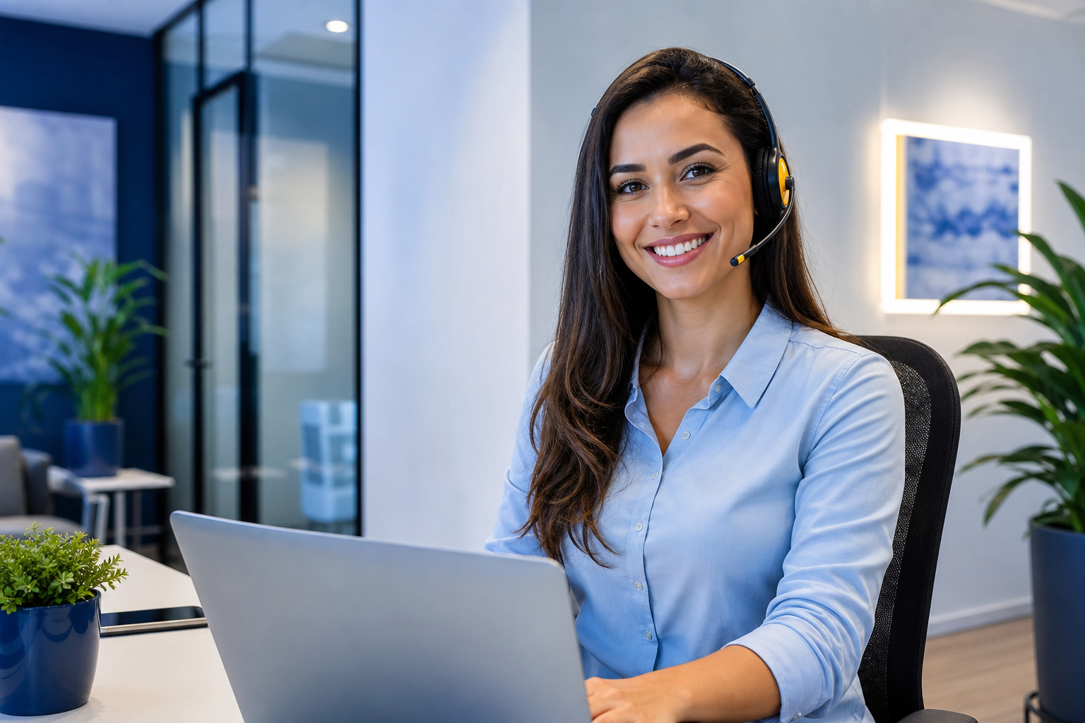 Atendente FortPlanos sorrindo com headset — atendimento humanizado para cotação de plano SulAmérica