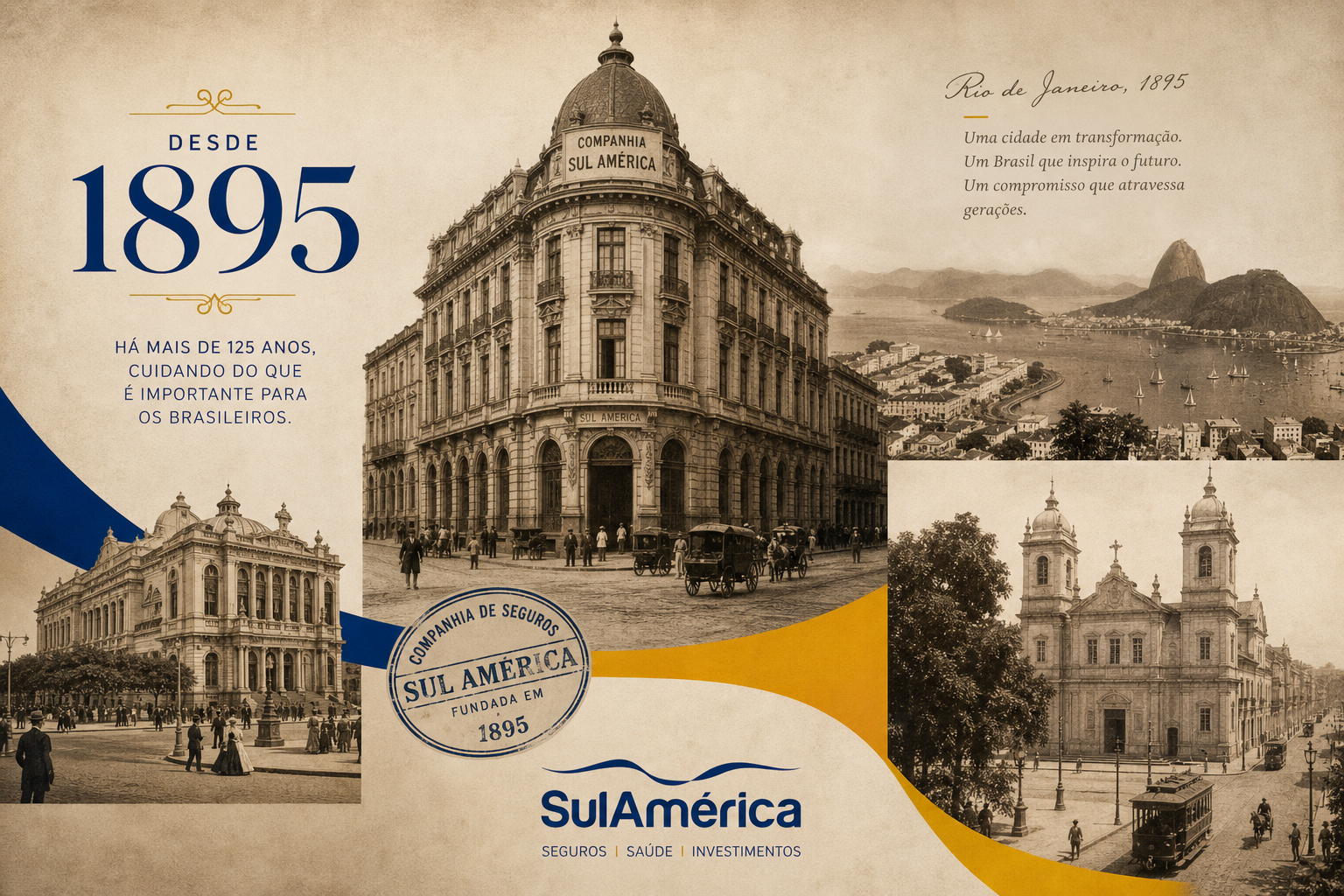 Colagem histórica SulAmérica: fundação em 1895, expansão nos anos 50, Era ANS nos anos 90 e aquisição pela Rede D'Or em 2022