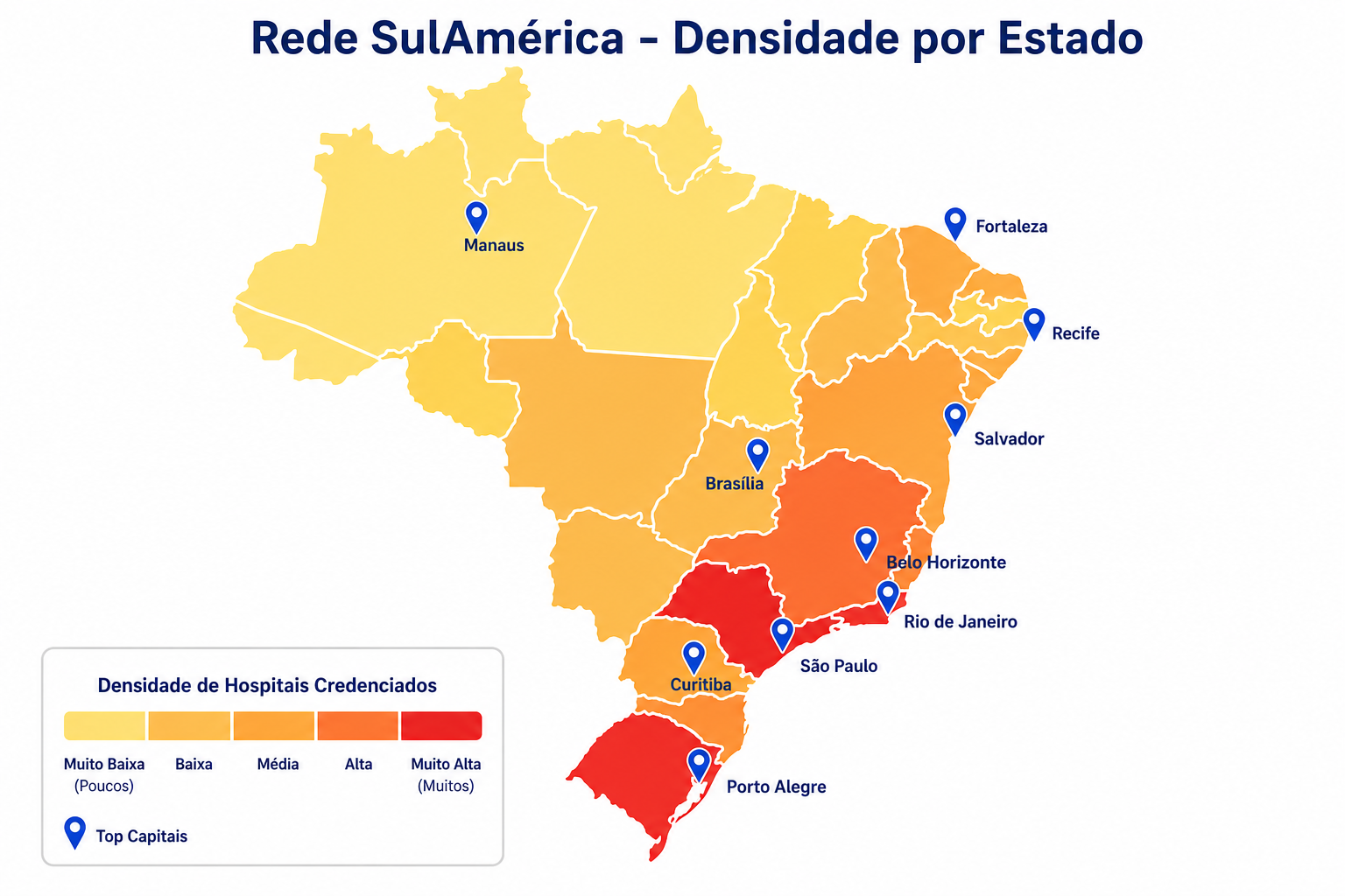 Mapa do Brasil com densidade de hospitais credenciados SulAmérica por estado — concentração em São Paulo, Rio de Janeiro e capitais